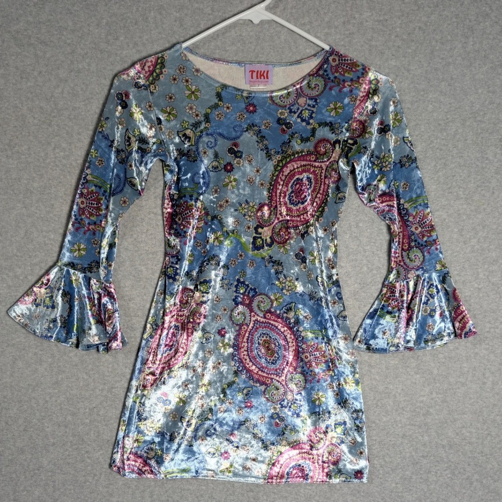Tiki Dress Girls Size 7 Blue Paisley Velvet Bell Sleeve Hippie Boho Floral 70s